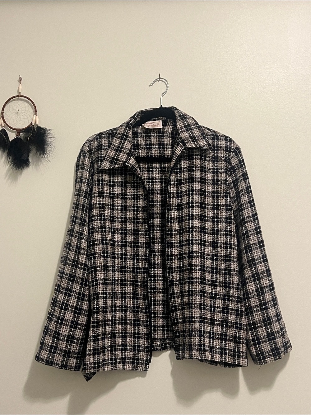 Vintage Black & White Plaid Open-Front Blazer Jacket